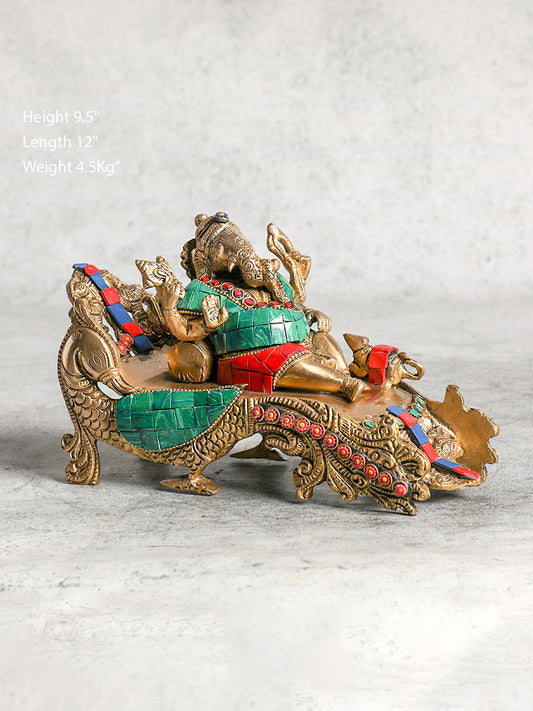 Relaxed Pose Brass Ganesha Statue With Stone Work