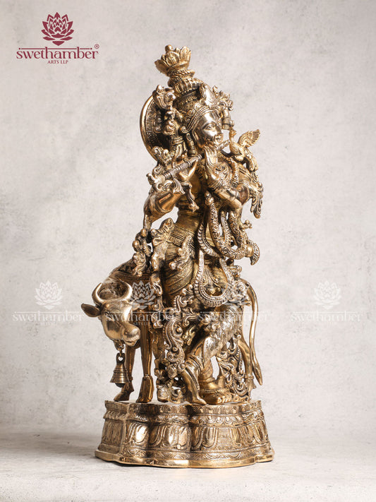 Antique Brass Radha Krishna With Cow