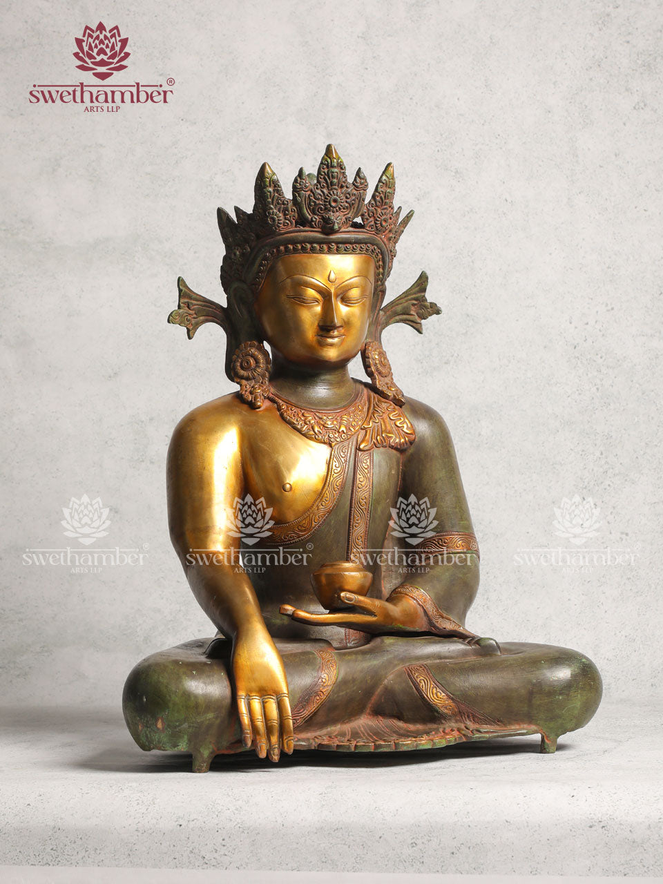 Brass Buddha Statue Green Colour Finish