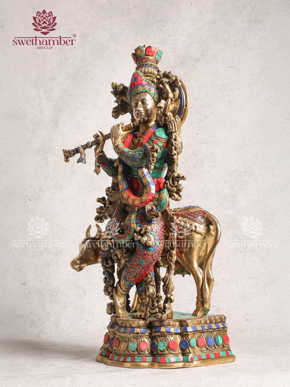 Antique Brass Radha Krishna With Cow Stone Work