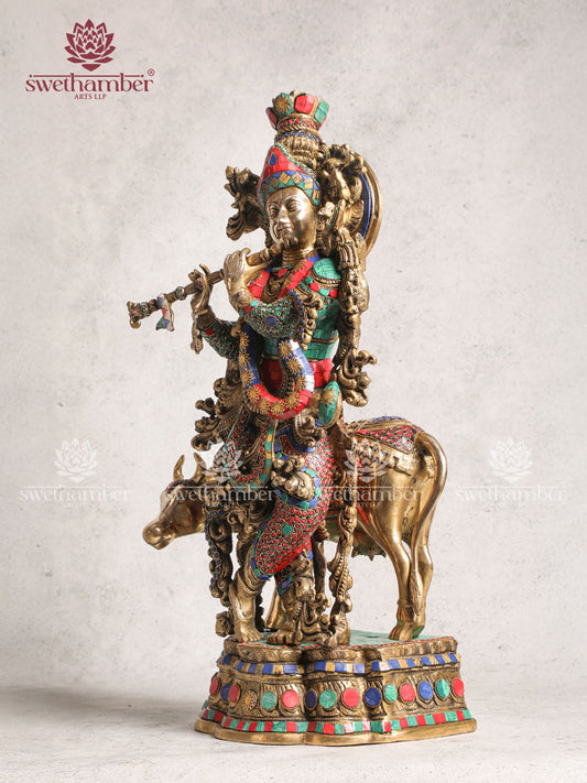 Antique Brass Radha Krishna  With Cow Stone Work