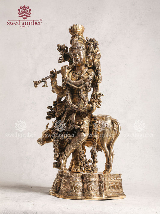 Antique Brass Radha Krishna With Cow