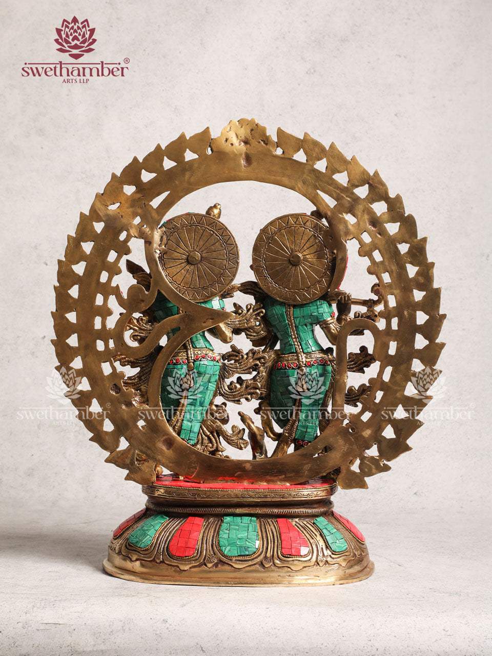 Brass Radha Krishna Statue With Multi Coloured Stone
