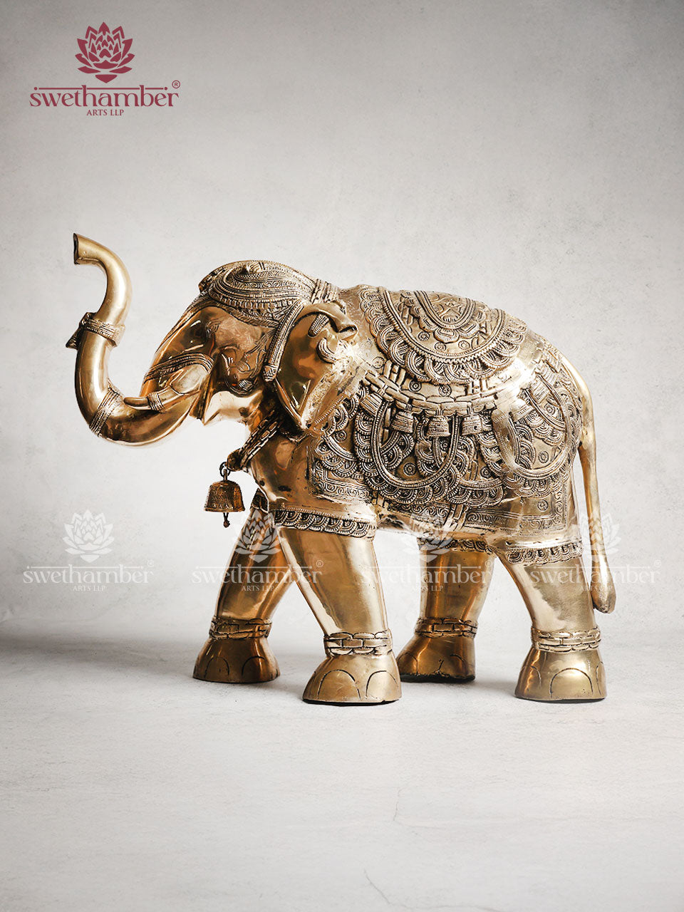 Brass Elephant Statue With Enhanced Carving 21"