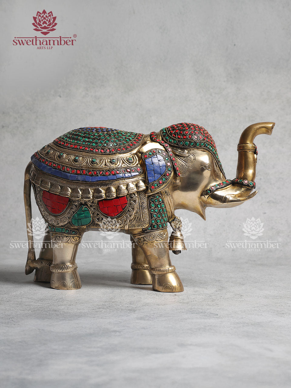 Brass Elephant Statue With Colorful Stones Work 10"
