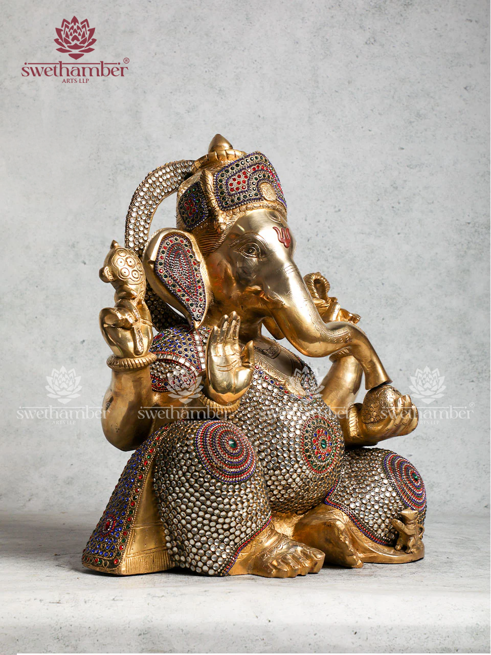 Ganesha Brass Sculpture With Stone Work