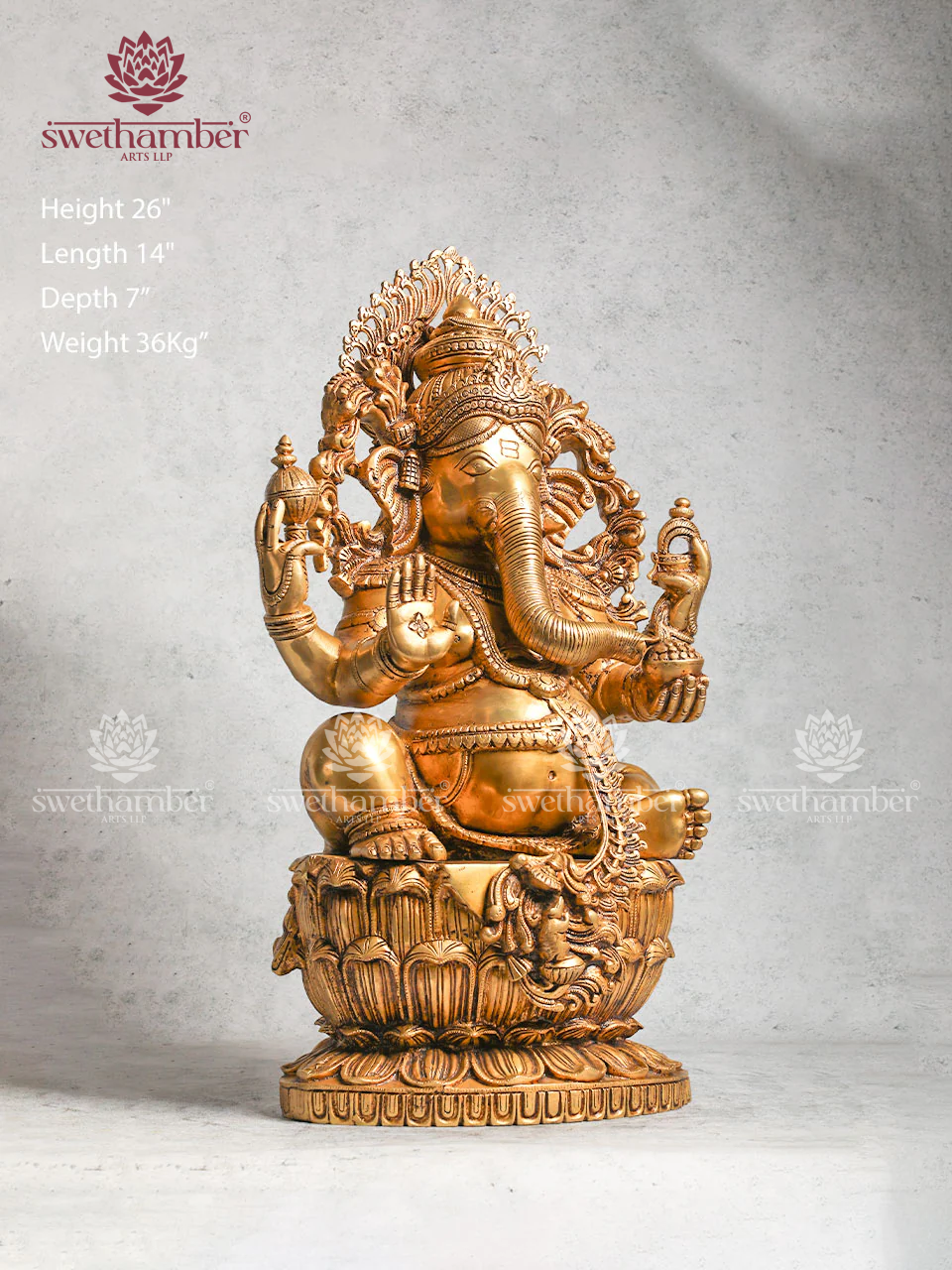26" Brass Large Ganesha Sitting on Pedestal – Classic Ganpati Idol for Home & Puja