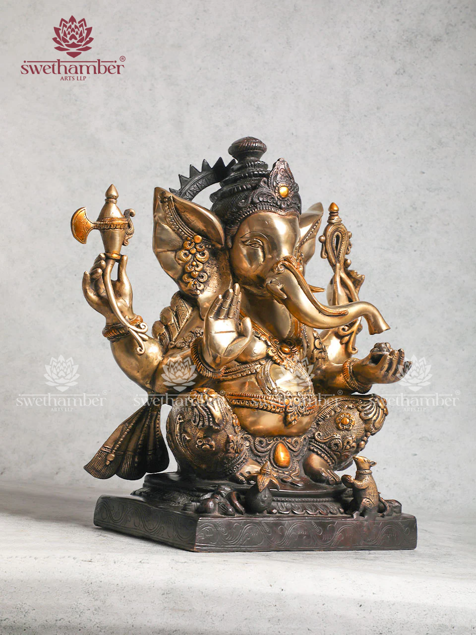 Brass Ganesh Statue with Kalasha and Mouse