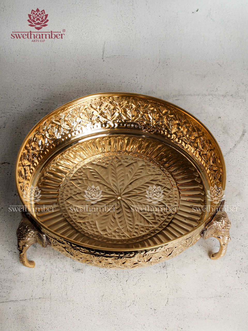 Decorative Brass Urli with Elephant Face Stand