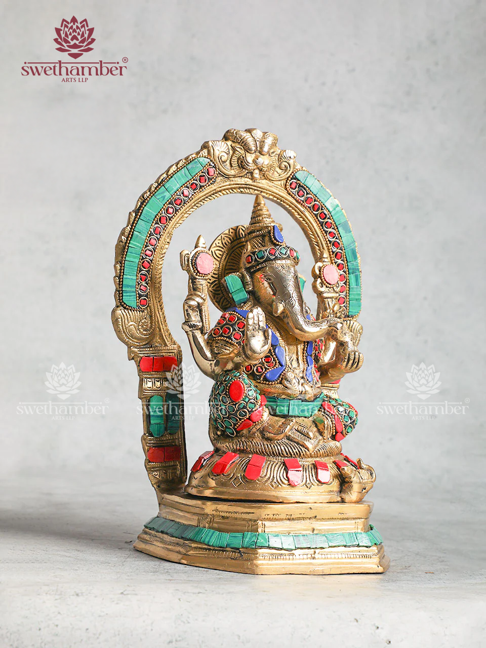 Brass Ganesh Idol With Decorative Arch Stone Work