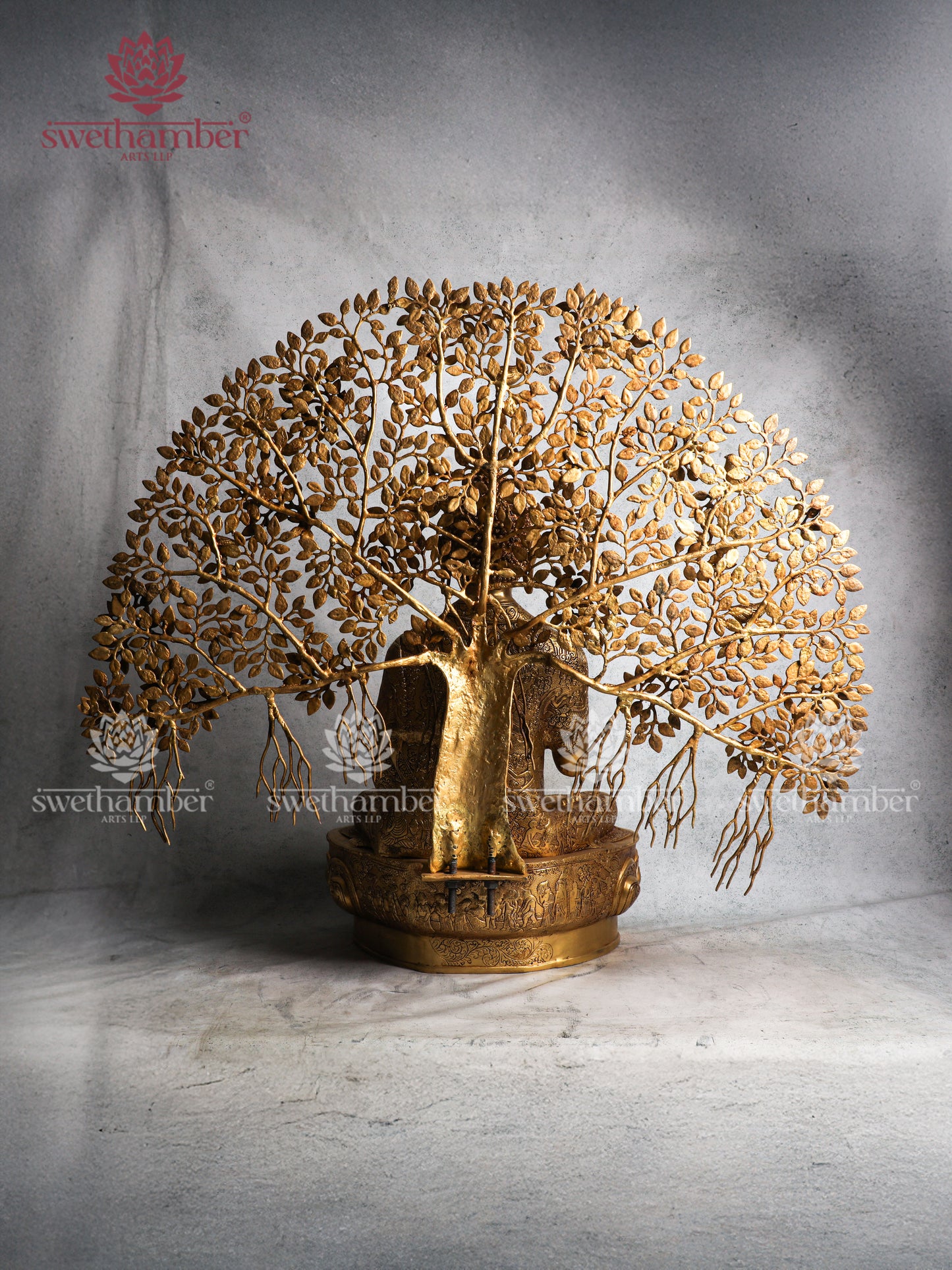 Large Brass Buddha sitting Under Tree