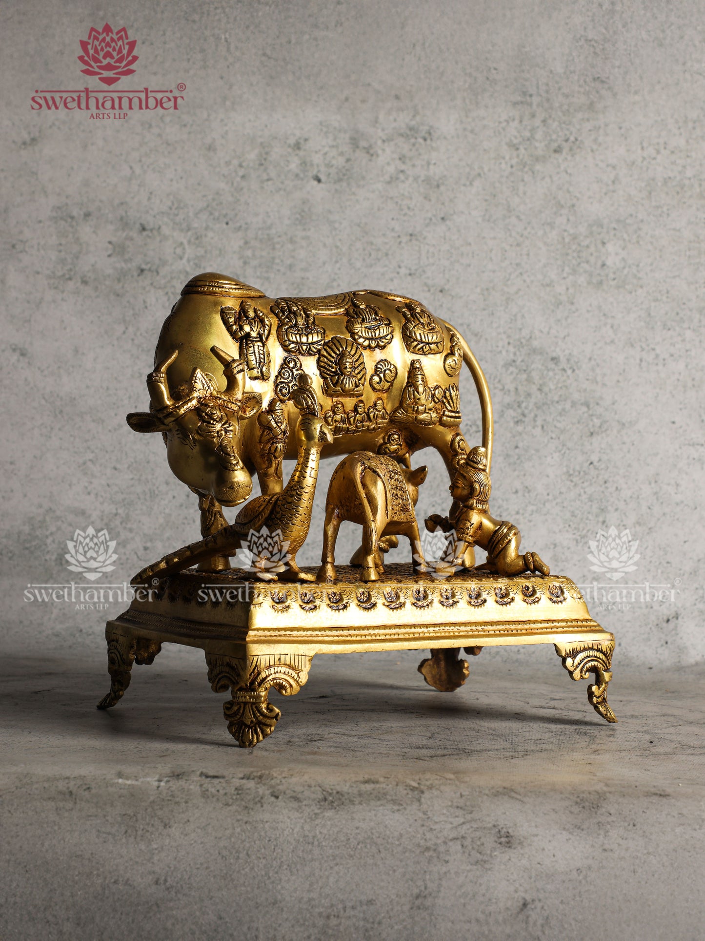 Brass Cow and Calf Idol with Engraved Gods – Kamadhenu for Home, Pooja & Vastu