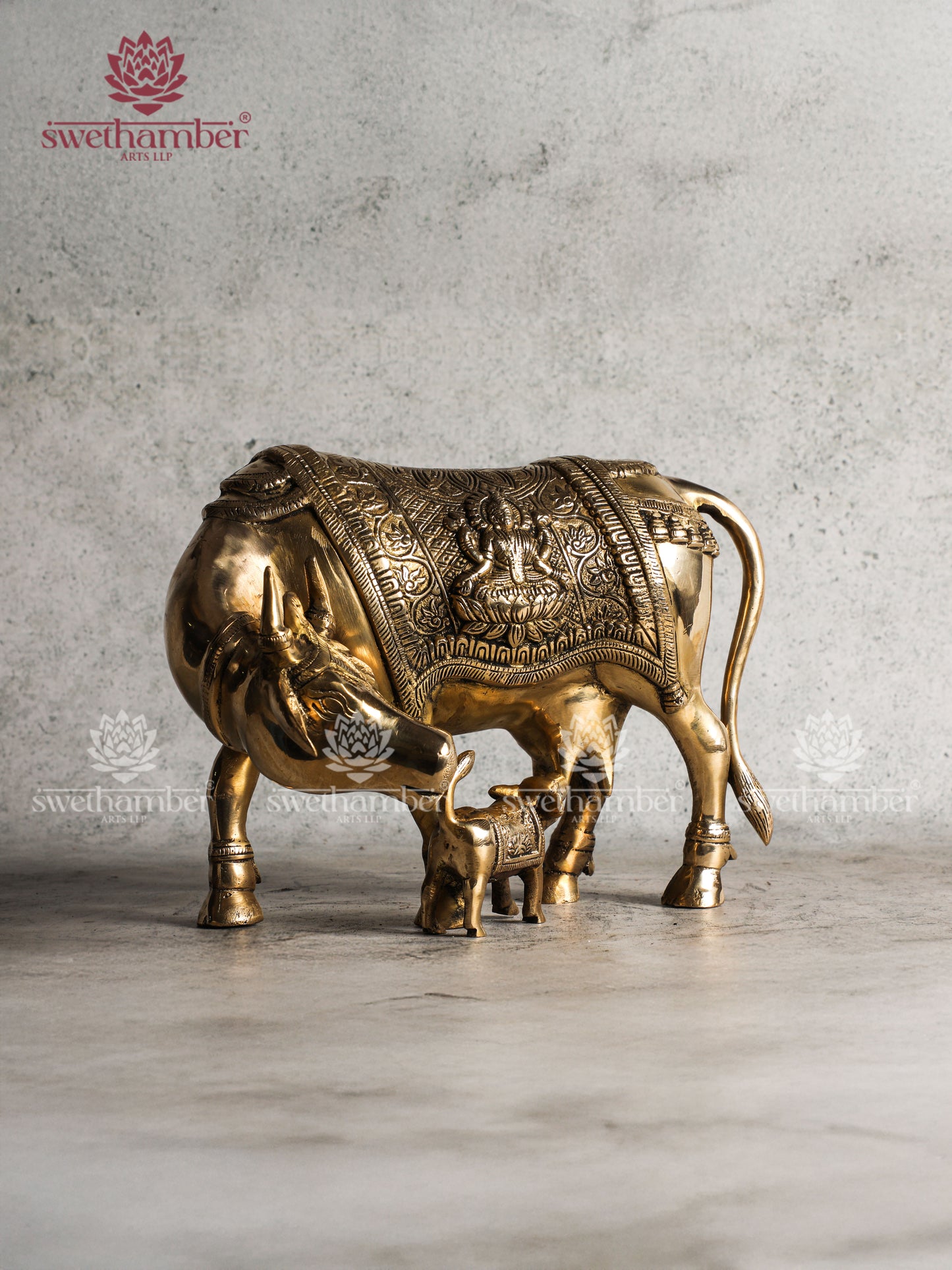 Brass Cow n Calf Idol with Engraved Ganesh & Lakshmi – Pooja & Vastu