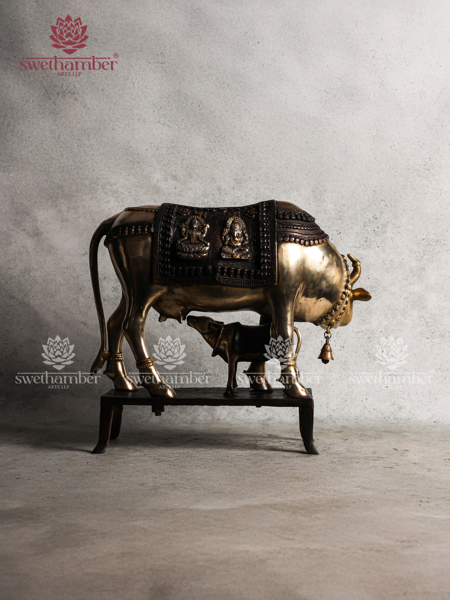 Cow & Calf engraved with Ganesh & Lakshmi Brass Statue