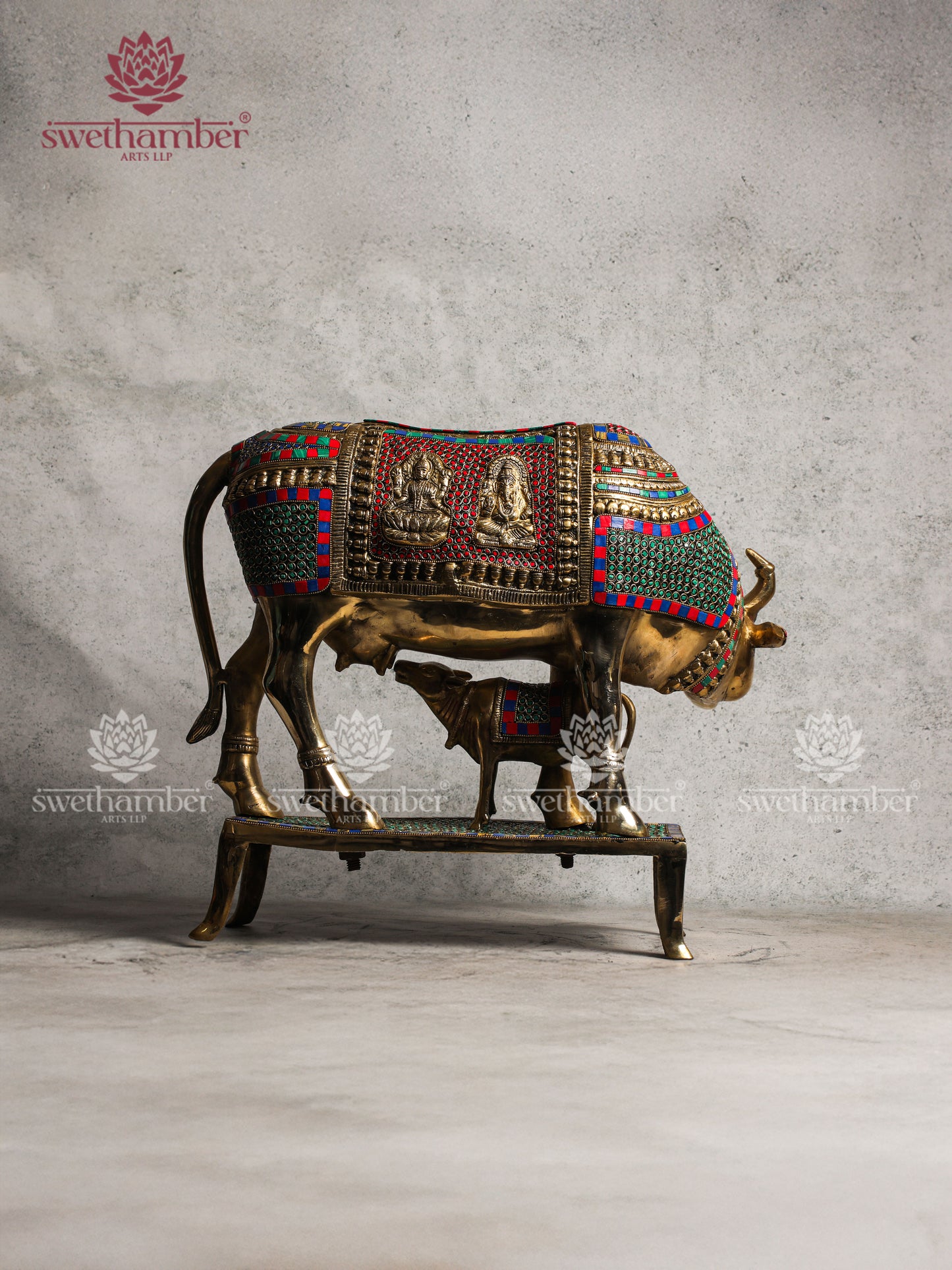 Cow & Calf Brass Statue with Colour work
