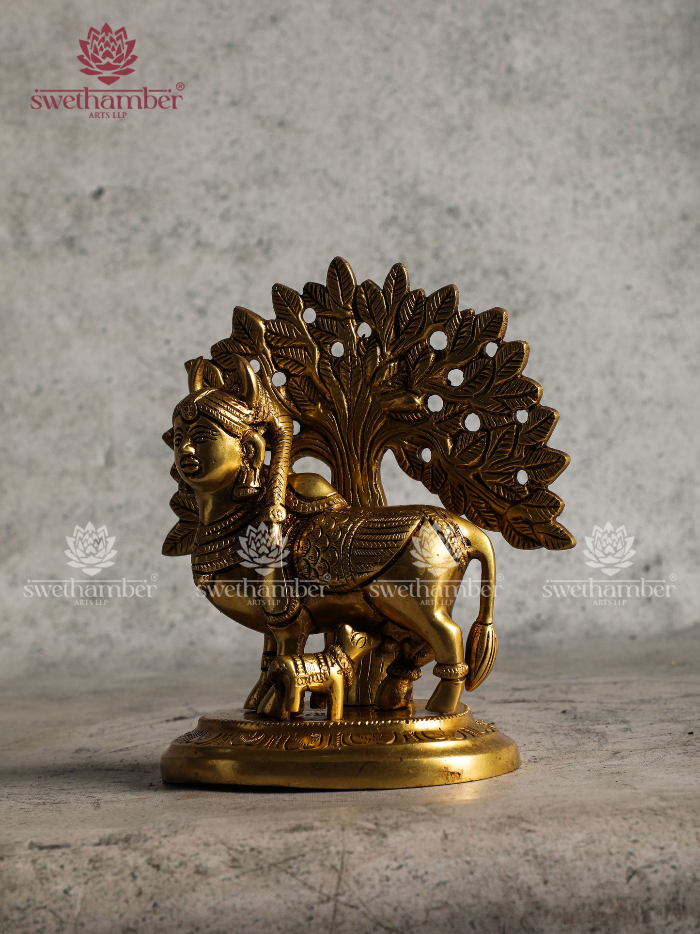 Kamdhenu Cow & Calf with tree Brass Statue – Divine Wealth & Harmony