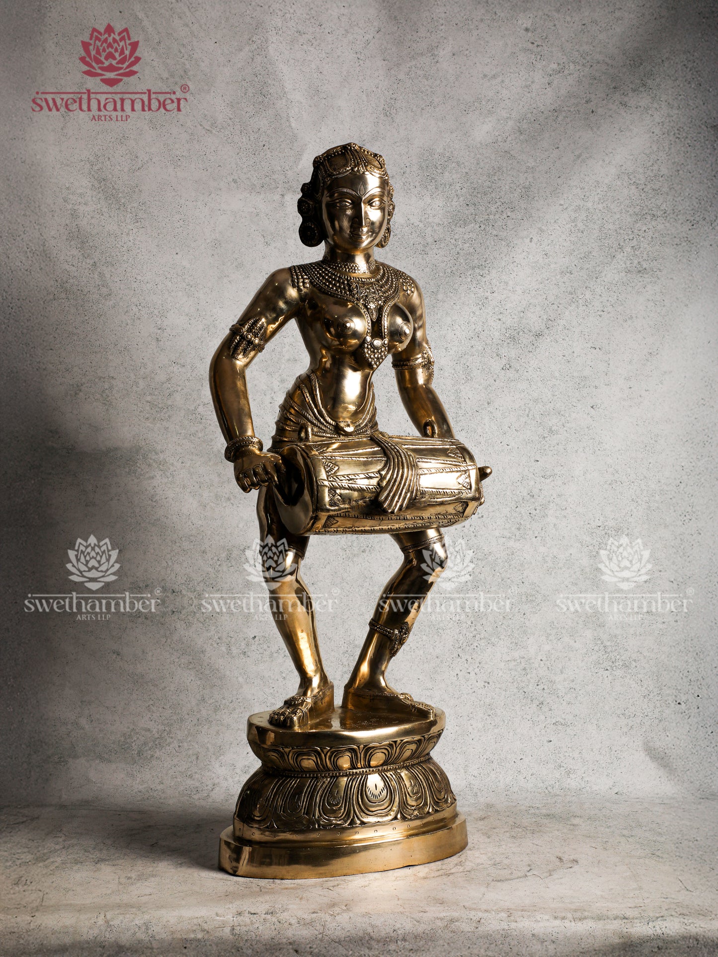Brass Lady Playing Drum Decorative Showpiece