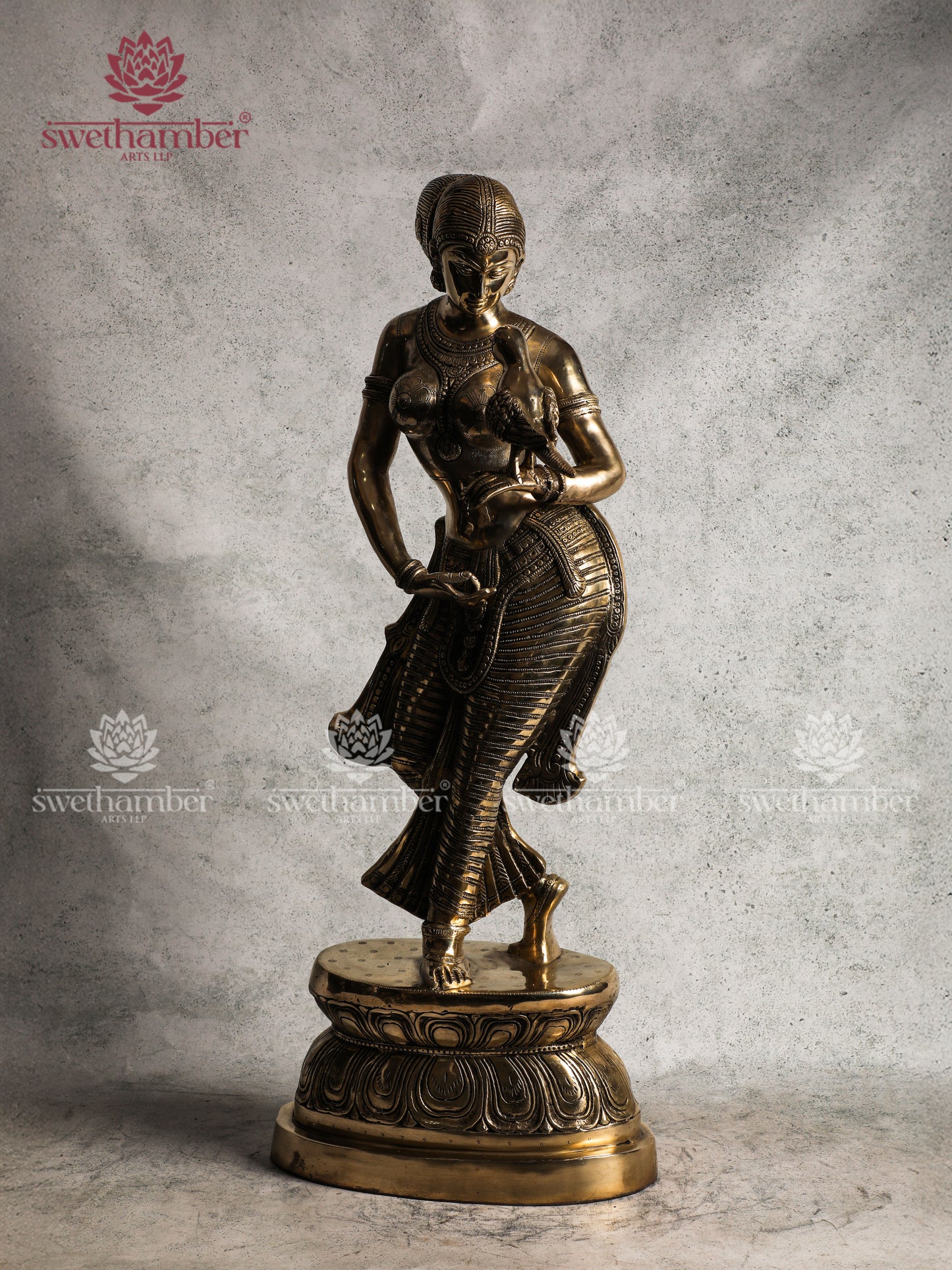 Majestic Brass Lady Holding Parrot Sculpture
