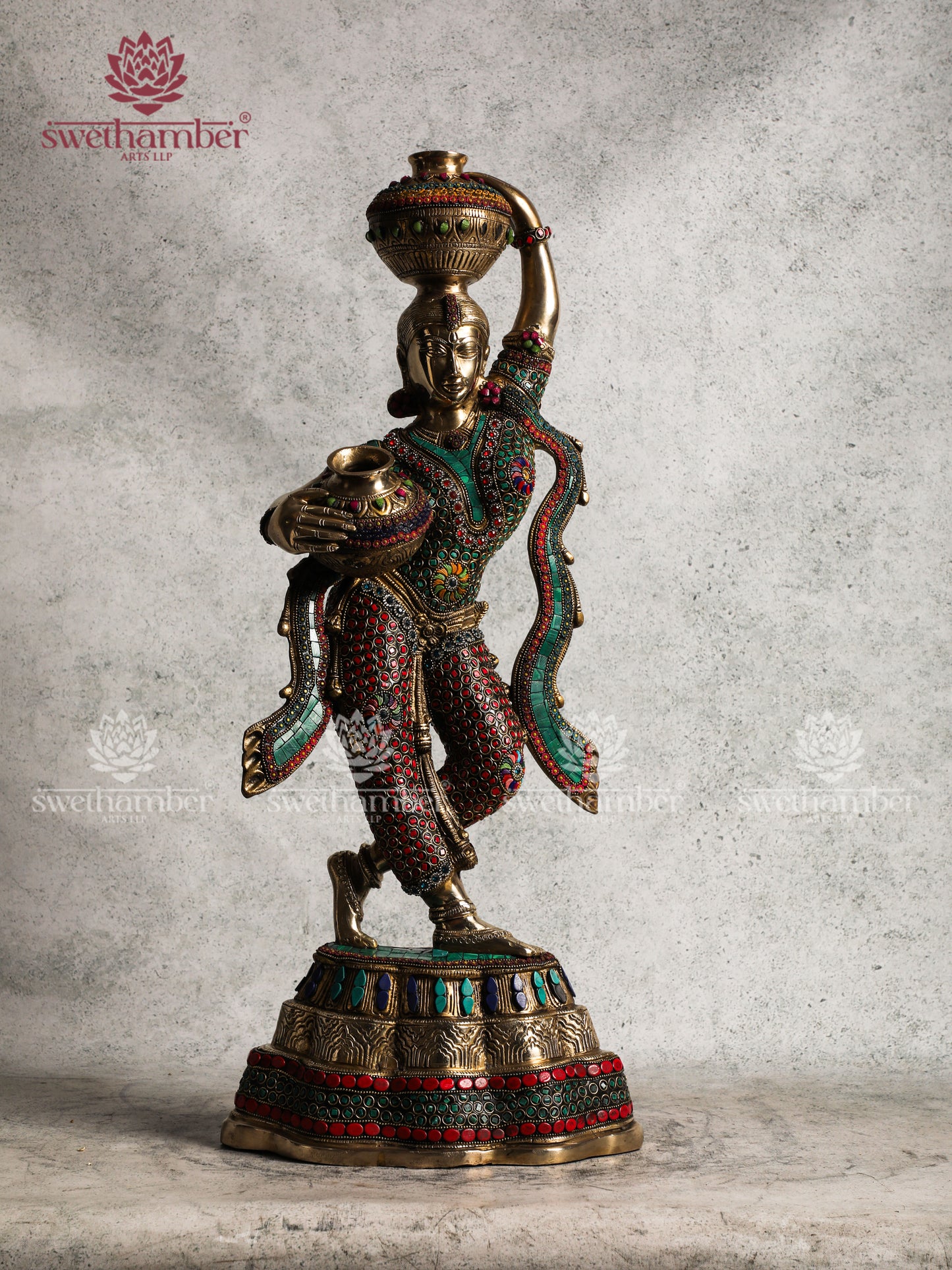 Brass Matka Lady with Colourful stones work
