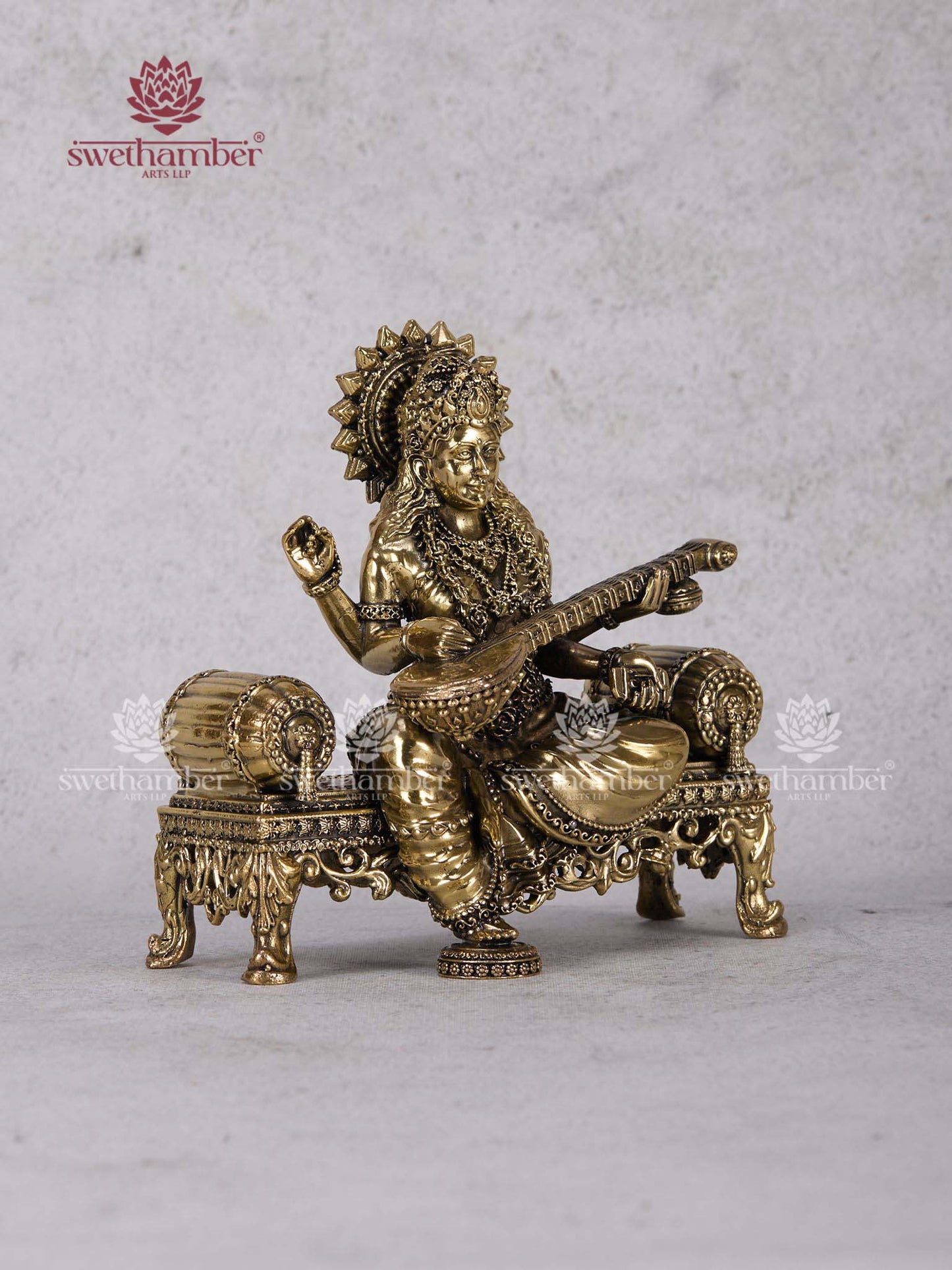 Brass Saraswati Mata Statue – Goddess of Knowledge Idol for Vastu & Gifting
