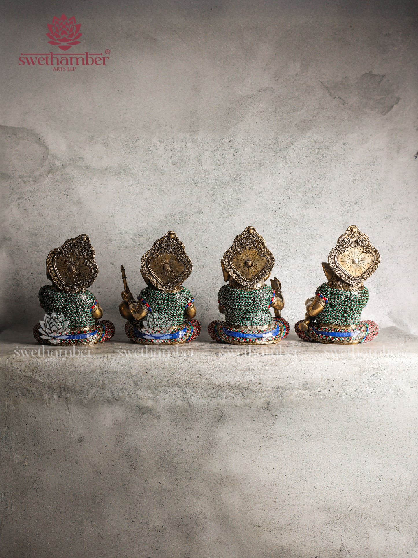 BRASS SITTING GANESHA MUSICAL SET WITH COLOURFUL STONES WORK