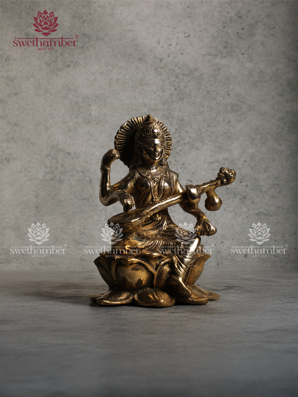 Brass Saraswati Idol Sitting on Lotus – Antique Finish