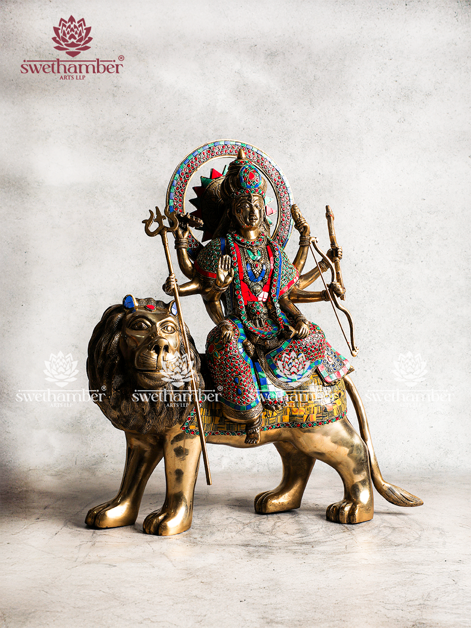 Brass Durga on Lion Idol for Home, Office & Temple Decor
