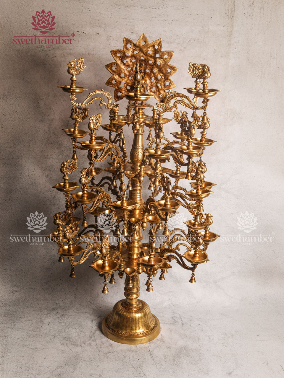 Brass Peacock Lamp with Multiple Diyas