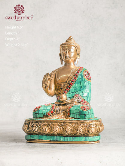Brass Blessing Buddha with Multicoloured Stone Work