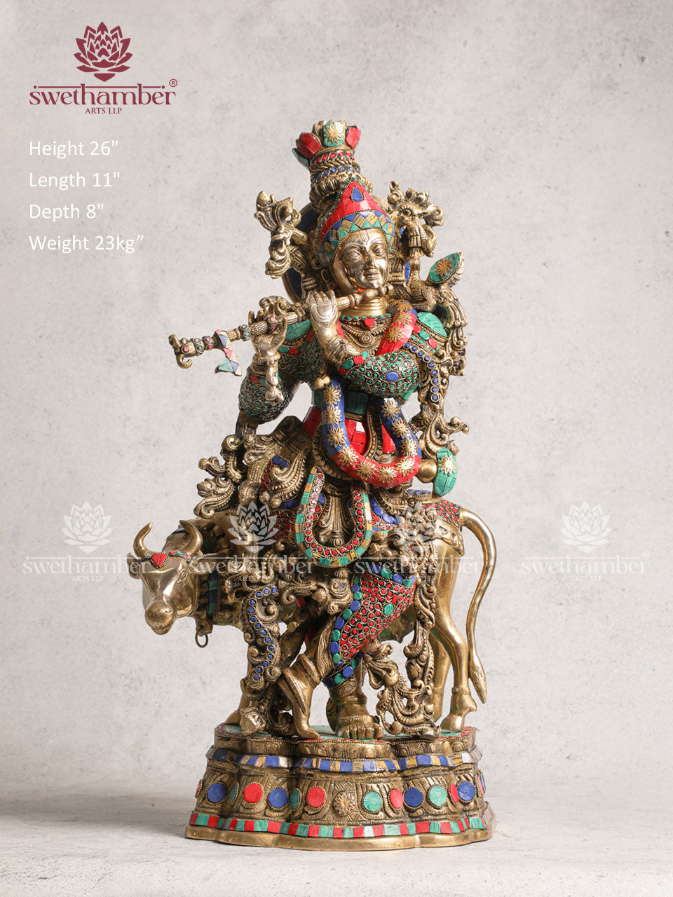Antique Brass Radha Krishna  With Cow Stone Work