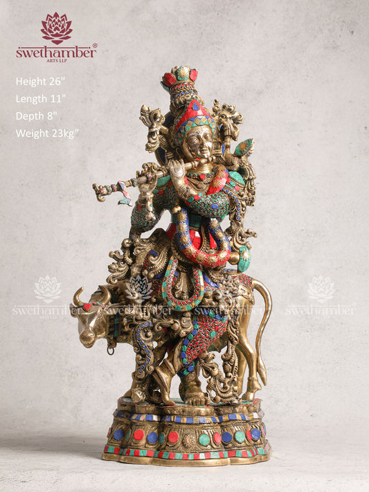 Antique Brass Radha Krishna  With Cow Stone Work