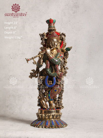 Brass Krishna With Lotus Base Idol With Stone Work