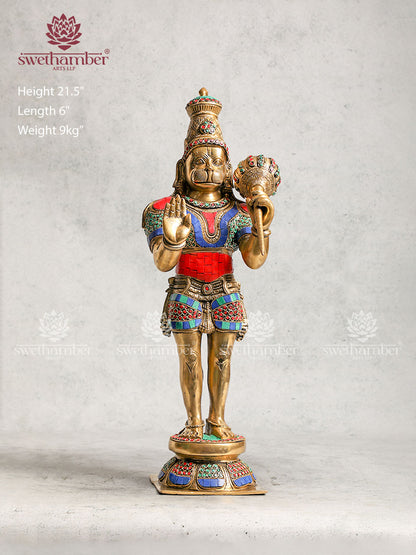 Brass Standing Lord Hanuman Statue With Stone Work