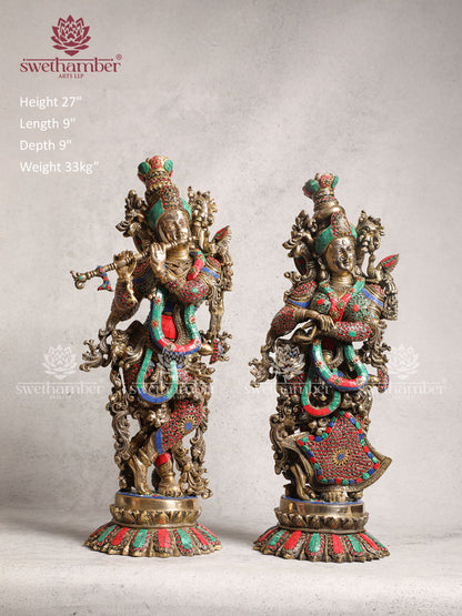 Brass Radha Krishna Idol Lotus Base With Multicoloured Stone Work For Home Décor