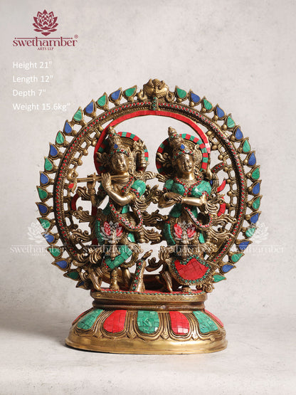 Brass Radha Krishna Statue With Multi Coloured Stone