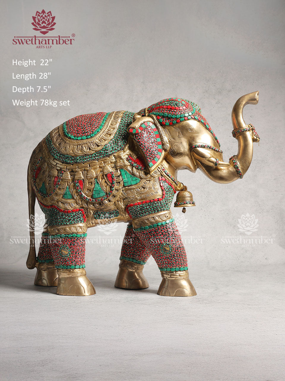 Brass Elephant Statue With Colorful Stones Work 22"