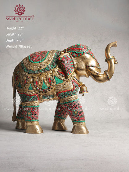 Brass Elephant Statue With Colorful Stones Work 22"