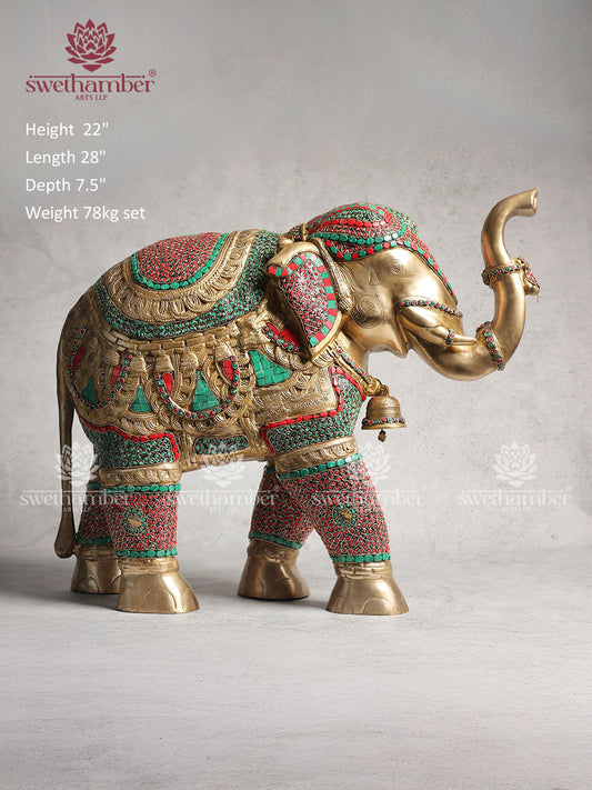 Brass Elephant Statue With Colorful Stones Work 22"