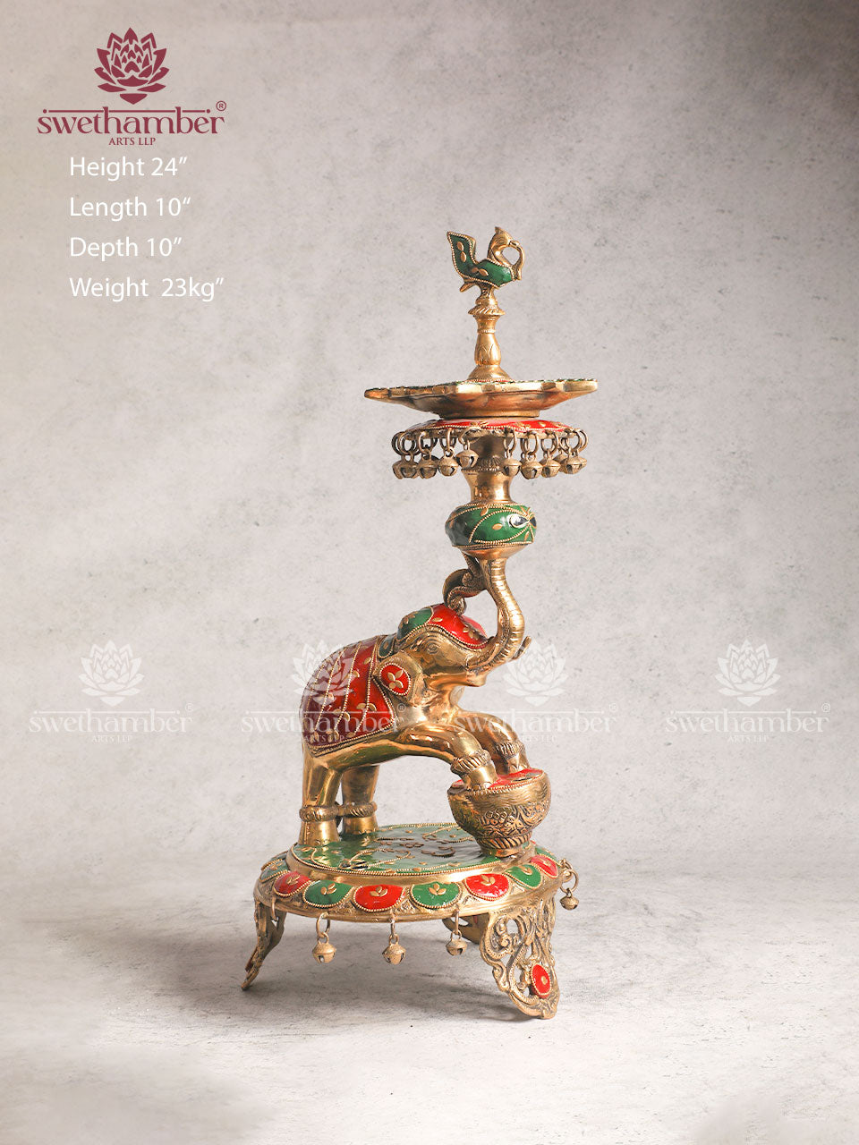 BRASS ELEPHANT LAMP WITH COLOUR WORK
