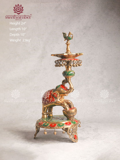 BRASS ELEPHANT LAMP WITH COLOUR WORK