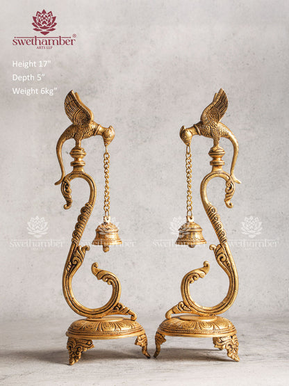 Antique Brass Table / Floor Parrot Lamp Holding Bell