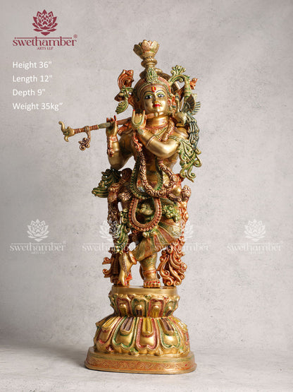 Brass Krishna Idol With Color
