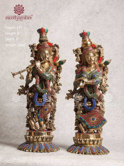 Brass Radha Krishna Idol Lotus Base With Multicoloured Stone Work For Home Décor