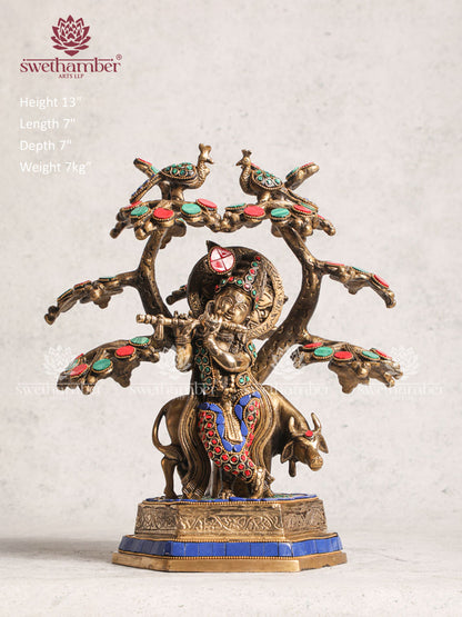 Cow Krishna With Tree Idol Stone Work Multicoloured