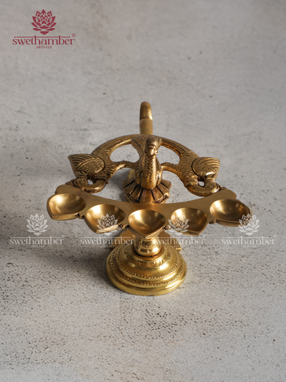 Brass Pancharti with Peacock – 5 Wick Aarti Lamp