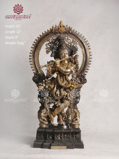 Brass Antique Krishna Statue With Colour