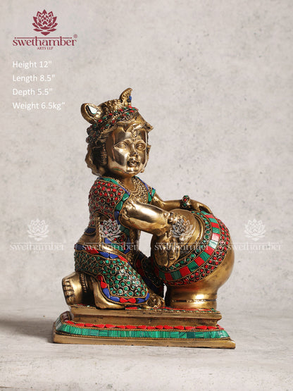 Brass Multicoloured Butter Krishna Statue