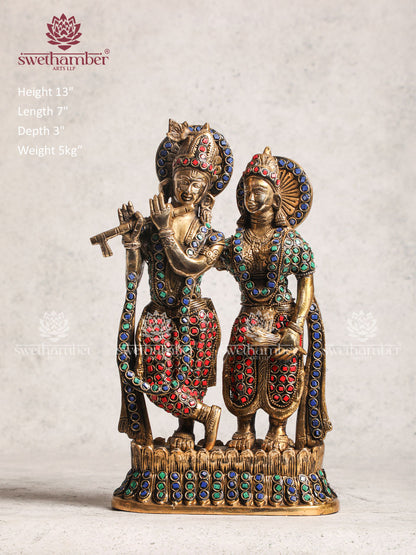 Brass Radha krishna Murti idol With Stone Work