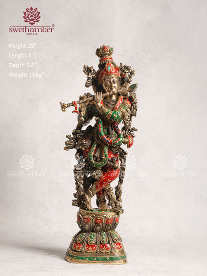 Brass Krishna Idol With Stone Work