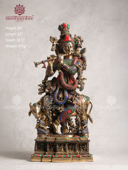 Brass Krishna Cow Home Décor With Stone Work